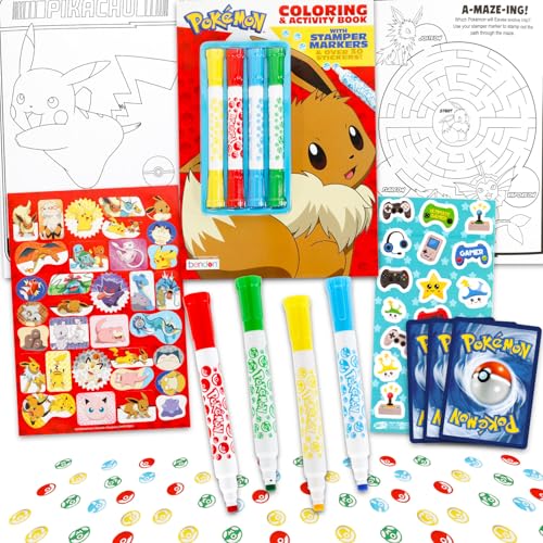 4 Pc Pokemon Stampers Arts and Crafts Set - Bundle with 4 Pokeball Stamps and 4 Markers for Kids Plus Trading Cards, More | Pokemon Stationery Kit for Boys, Girls