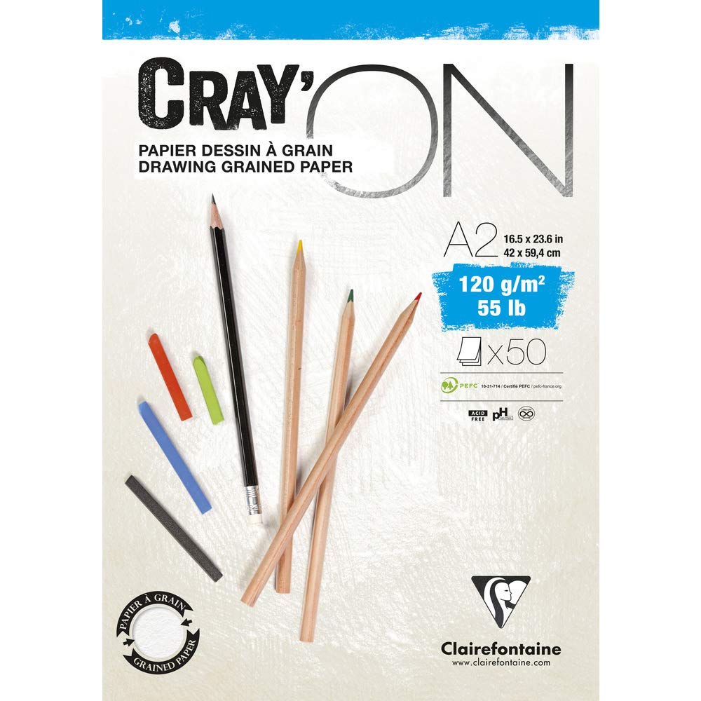 Clairefontaine - Ref 975022C - Cray'On White Glued Sketch Pad (50 Sheets) - A2 (59.4 x 42cm) Size, 120gsm 100% Cellulose Paper, Grained One Size & Smooth Other Side
