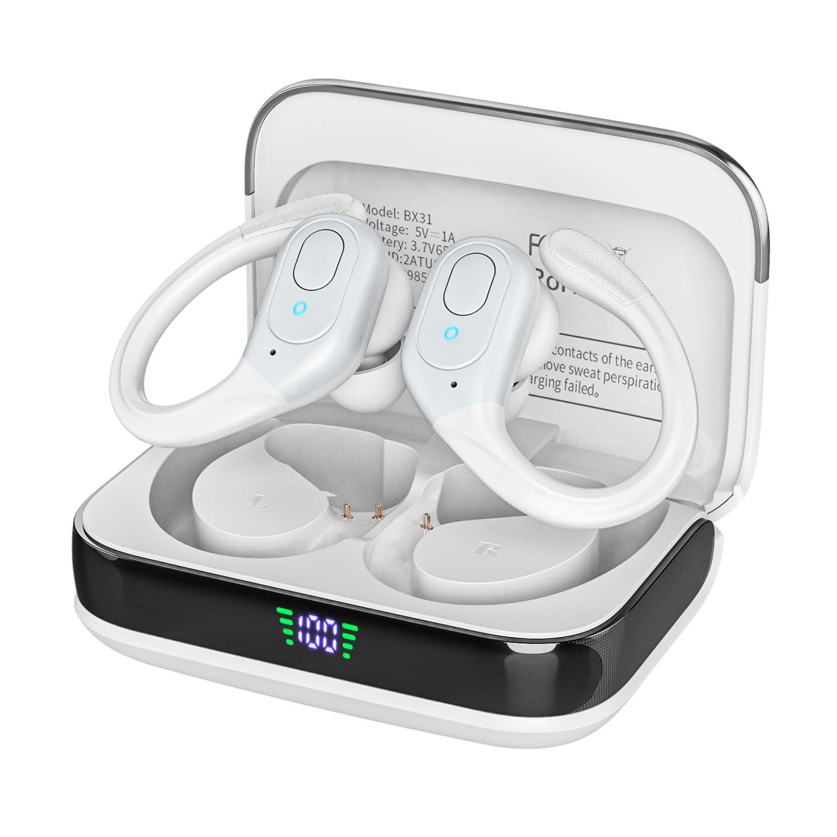 sajawass Bluetooth Headphones Wireless Earbuds with 75Hrs Playback, LED Display Charging Case, IPX7 Waterproof, Over-Ear Design Ear Buds for Sports/Running/Workout - White Image