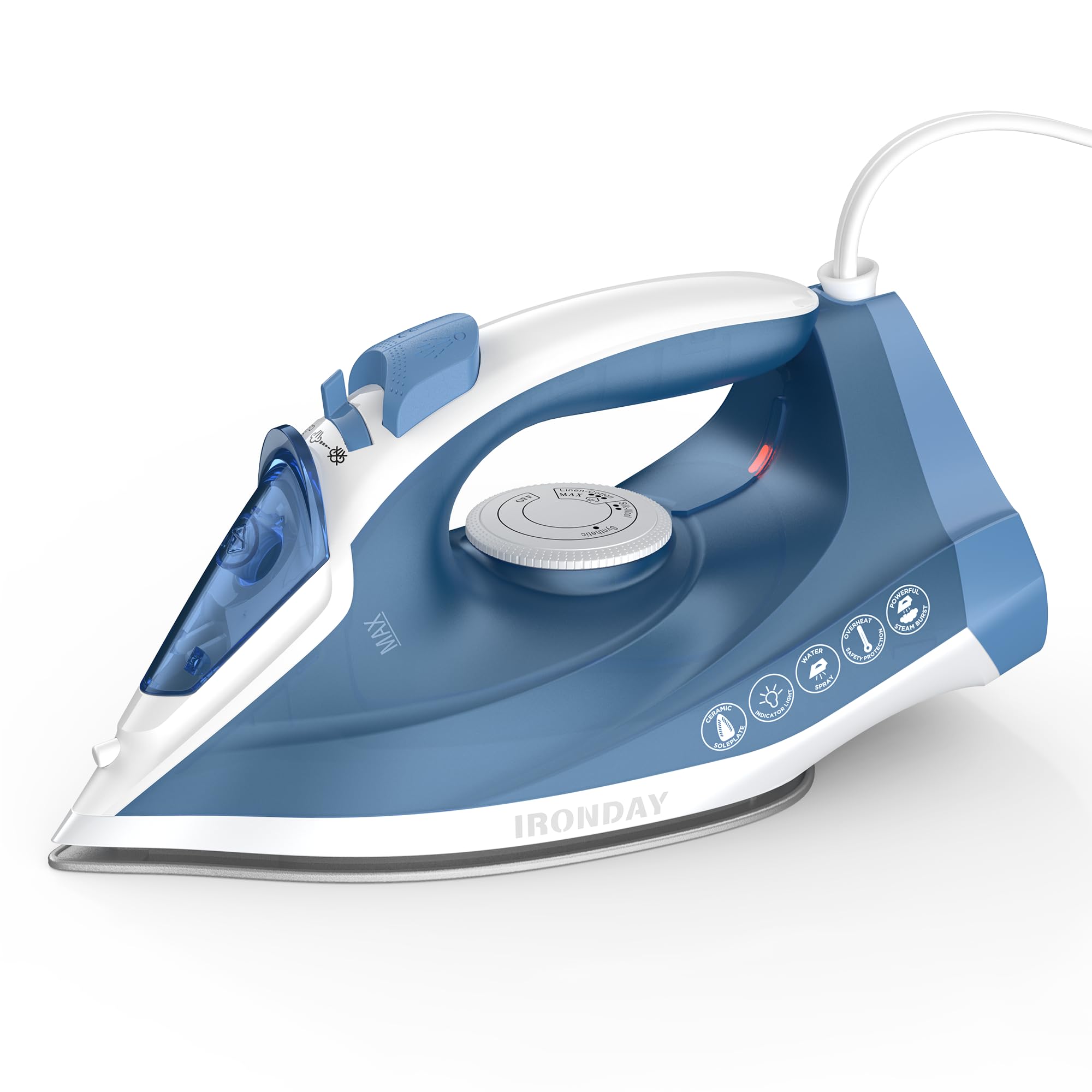 Photo 1 of IRONDAY Steam Iron for Clothes Fast Heating, 1200W Iron with Non-Stick Ceramic Soleplate, Self-Cleaning, Burst of Steam, Spray Mist, 7.03oz Water Tank Ironing Clothes for Home, Blue