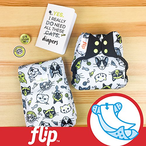 Doodles Collection: Flip Hybrid Reusable Cloth Diaper Cover with Adjustable Snaps and Stretchy Tabs - Fits Babies from 8 to 35+ pounds (Cattitude)