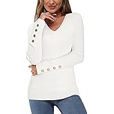 Newshows Womens Sweaters Fall V Neck Pullover Long Sleeve Stretch Button Casual Ribbed Knit Tops