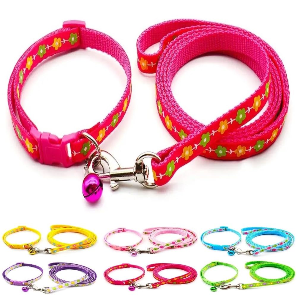 Small Dog Puppy Pet Collar and Lead Set Flower Design Nylon Adjustable Size 19-32cm Collar with Bell and 120cm Leash Rose