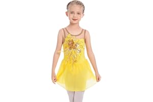 AFAVOM Figure Skating Dress for Girls - Sequin Flower Mesh Ice Skating Ballet Dance Leotard for Competition Costume