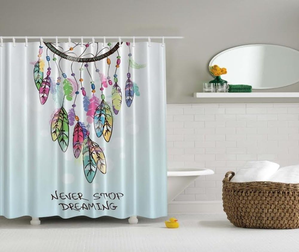 Native American Dreamcatcher Feathers Design Digital Technology Graphic Print Shower Curtain Set Non Vinyl Bath Tub Liner Waterproof Fabric Mildew Resistant Material Hooks Included Modern Theme