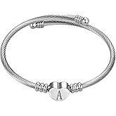 LSxAB Women Name Initial Letter Bangle Bracelets Silver Alphabet A-Z Bangle Bracelets Birthday Jewelry