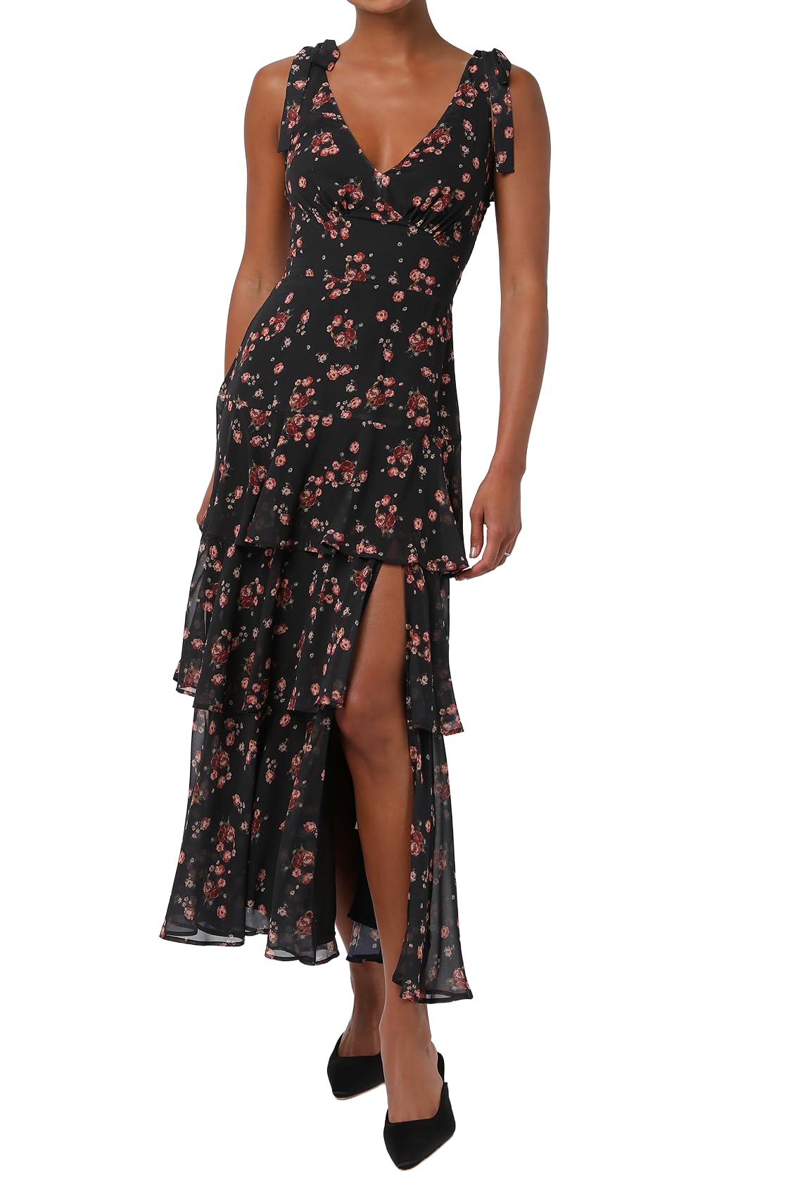 Lulus Arya Tiered Maxi Dress Floral Chiffon Maxi Dress with Tying Straps, Tiered A-Line Skirt, and Side Slit Elegant Fall and Winter Maxi Dress for Women Black Multi