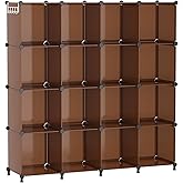 AWTATOS Cube Storage Organizer, Storage Cubes Shelves Bookshelf, 16 Cube Closet Organizers and Storage, DIY Stackable Plastic Clothes Organizer Shelving for Bedroom, Home Office, Cocoa Brown