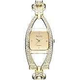 JewelryWe Luxury Square Bracelet Watch: Full Bling Cubic Zirconia Decorated Gold Watches Rectangular Dial Stainless Steel Removable Strap Analog Quartz Wristwatch for Women for Valentine's Day