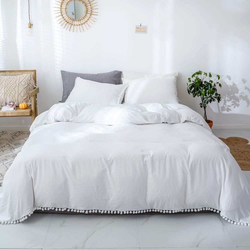 Smoofy Bedding Duvet Cover Set Ball Pom Fringe Bedding Pillowcase Sets (King, White)