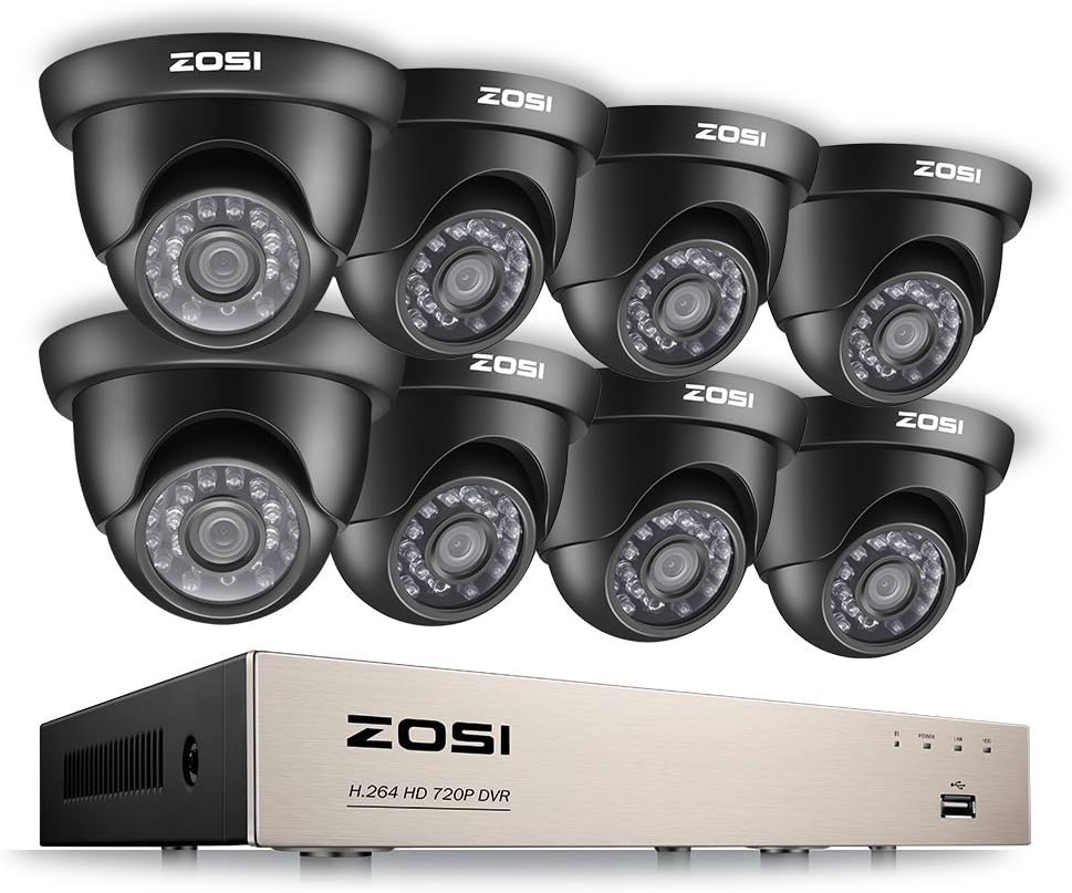 ZOSI 8 Channel 720P H.264 DVR& 1280TVL 8 Dome CCTV Security Cameras Kits Smartphone QR Code Scan