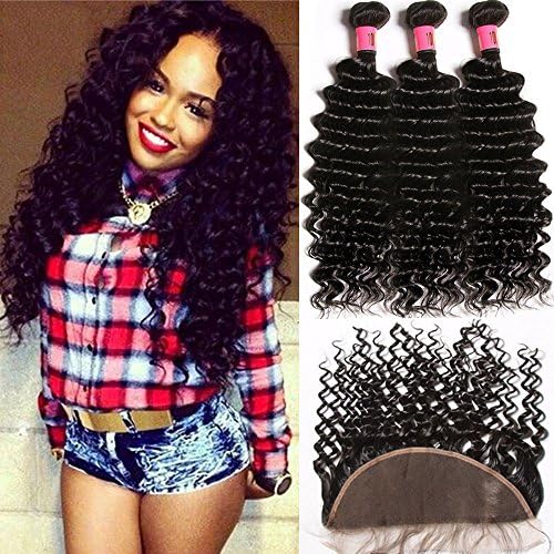 Malaysian Deep Wave With Lace Frontal Closure, 100% Unprocessed 8A Hairitory Virgin Human Hair 3 bundles With Closure Ear To Ear Lace Frontal with Bundles Natural Color 100g/PC(18 20 22 +16 free part)
