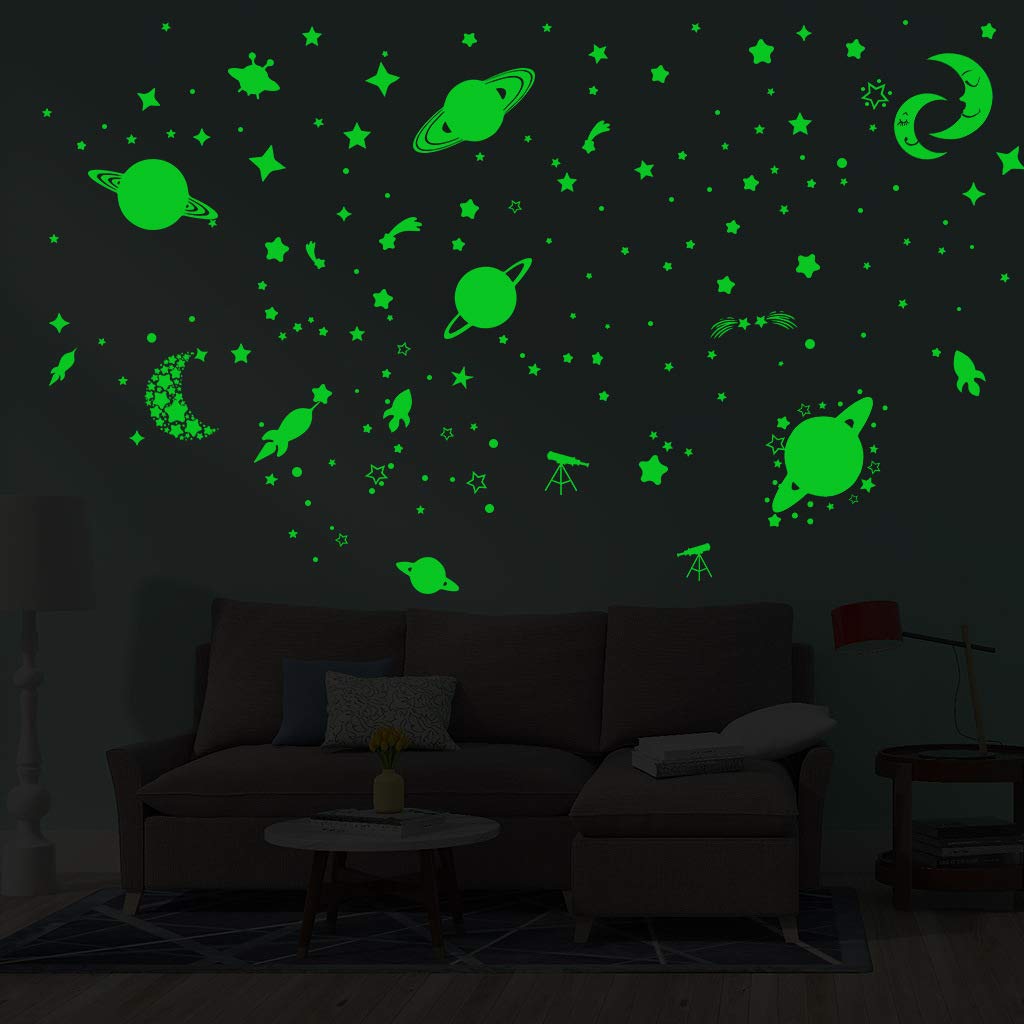 Alnicov Glow in The Dark Stars and Planet Wall Stickers,Luminous Galaxy Moon Stars Rocket Ceiling DIY Wall Stickers for Bedroom Living Room Birthday Christmas Decor Green