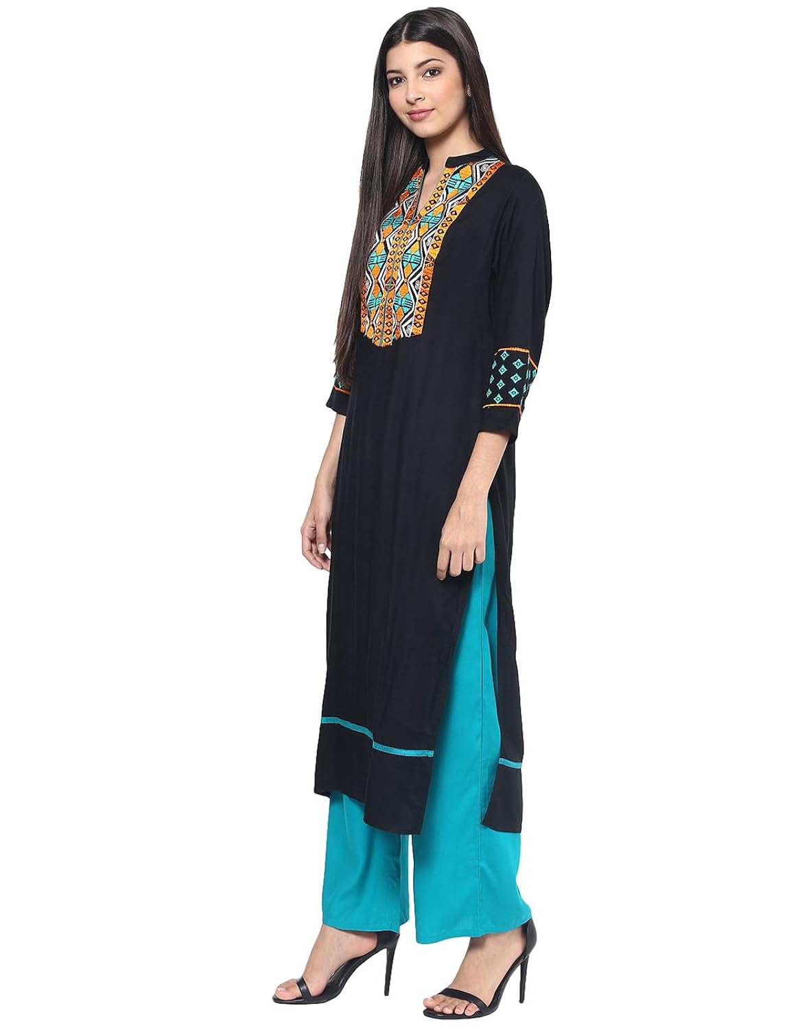 jaipur kurti rayon black & turquoise embroidered kurta and palazzo set