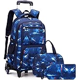Primary Junior High Boys Rolling Backpacks Wheeled Bags Trolley School Bags Travel Luggage 3 in 1 Kids Bookbag Set with Lunch Bag