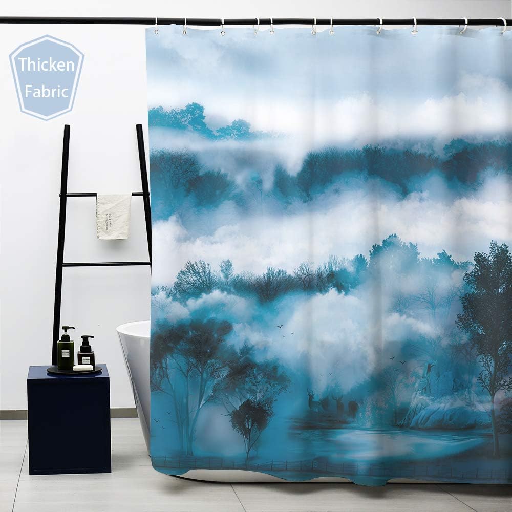 Obal Cloud Shower Curtain, Mountain Mist Themed Bathroom Curtains Water Repellent Mould And Mildew Resistant Polyester Heavy Weight Home Accessories With Curtain Hooks Washable, (180cm X 180cm)