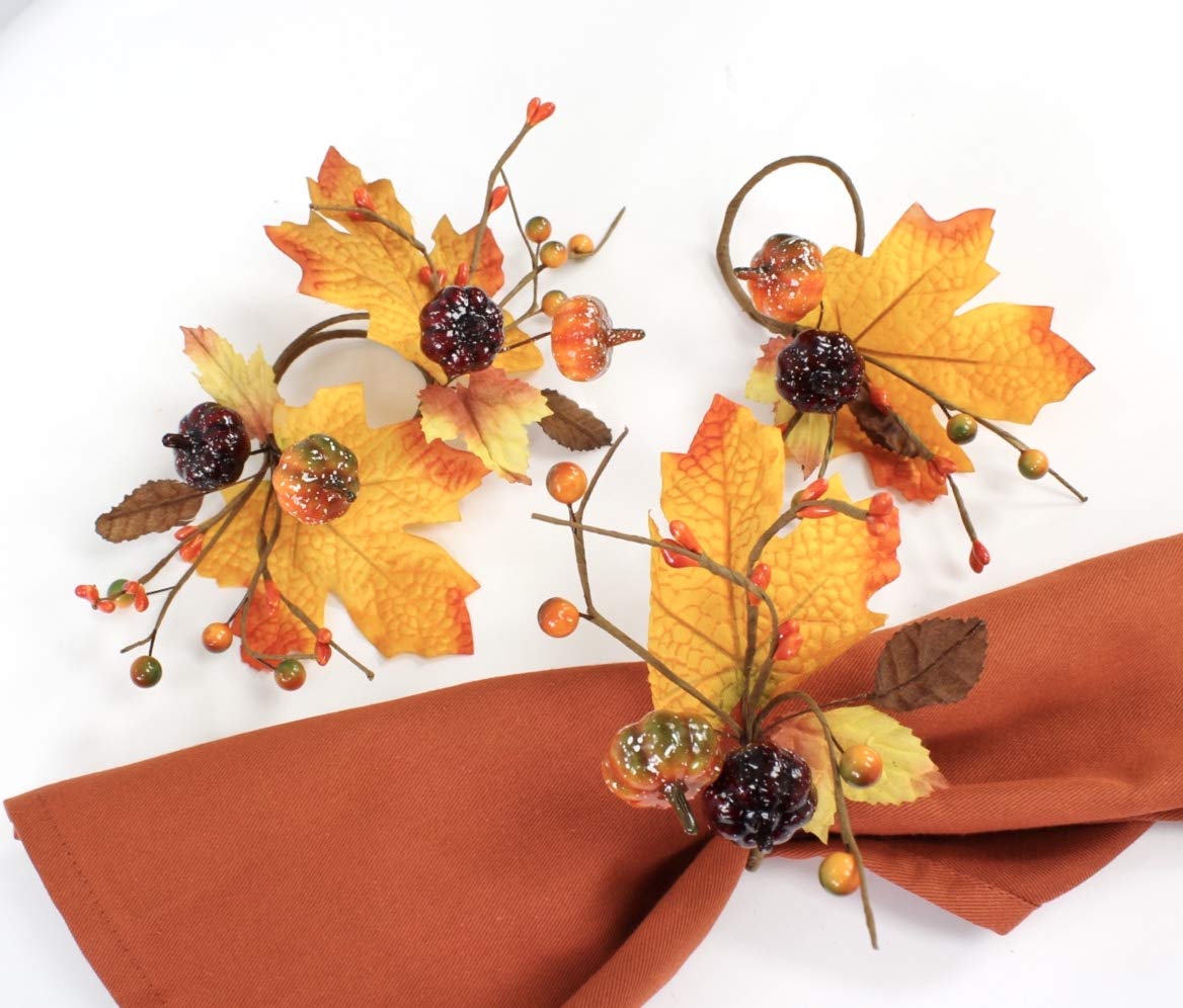 Angel Isabella Fall Themed Napkin Rings - Harvest Maple & Fruits Cloth Napkin Holder for Table Setting - Fall Banquet, Thanksgiving, Christmas or Wedding Table Decor (6pc, Pumpkin)