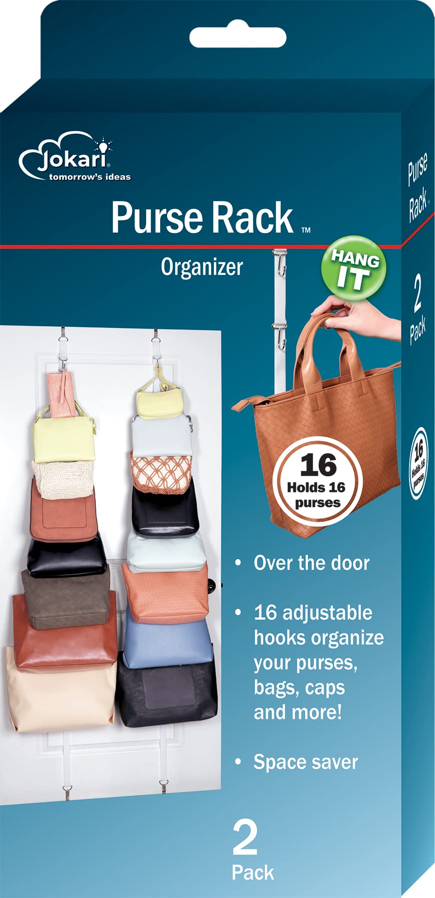 Jokari Heavy Duty 16 Hook Over The Door Purse Rack for Hats and Accessories. Adjustable Straps and Movable Velcro Hooks to Store, Organize and Display Bags, Scarves or Caps - Wardrobe Tidy