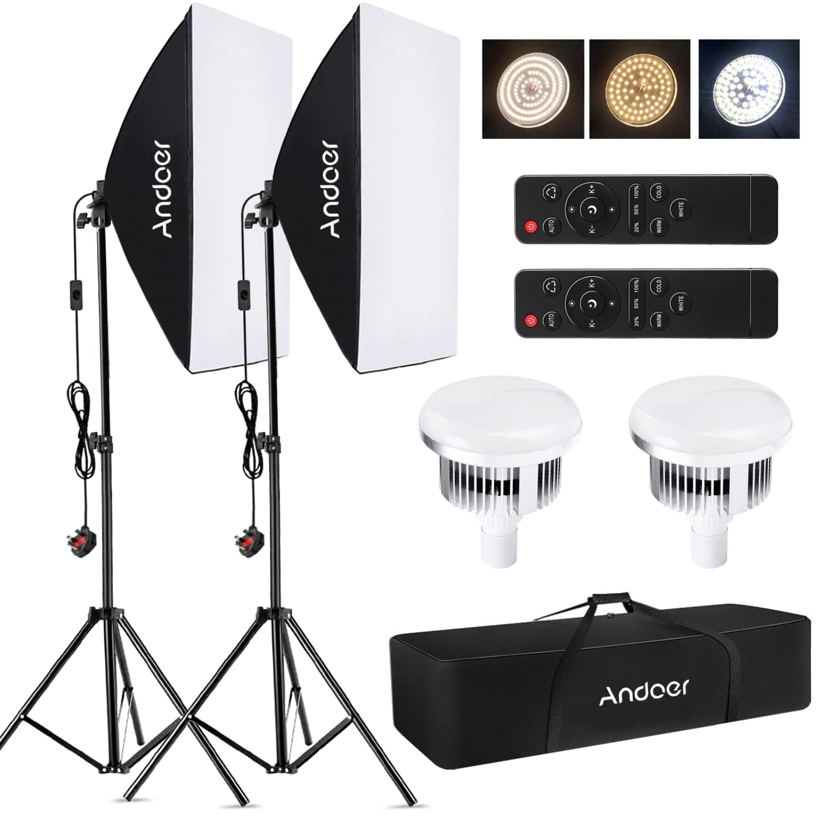 Andoer Softbox Lighting Kit 2800K-5700K 85W Bi-color Temperature LED Bulb with Remote, Photography Lighting Kit with 50x70cm Softbox, 2m Light Stand, Softbox Kit for Studio Photography, 2 Sets