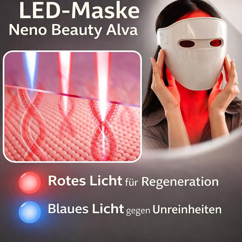 Alva Rotlichtlampe fürs Gesicht - LED Gesichtsmaske - Rotlicht Maske mit 3 Modi - Red Light Therapy mit 220 LED Dioden - Anti-Aging Skincare - Face Mask mit Lichttherapie – Kabellos, USB