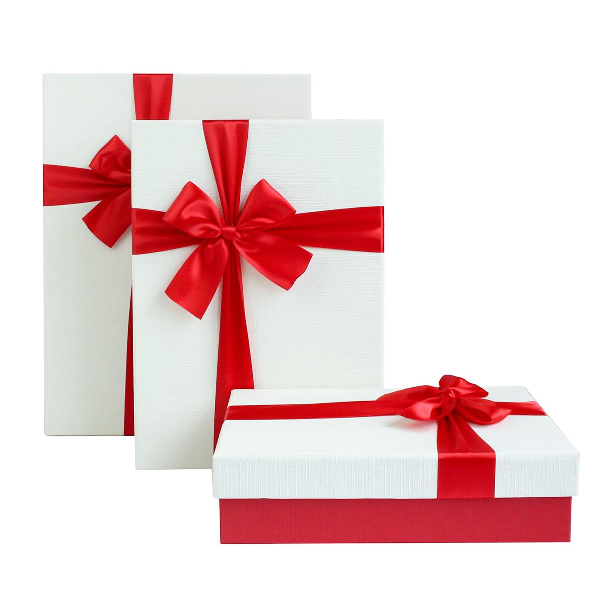 Emartbuy Cream Paper + Red/White Rigid Gift Box with Ribbon Set of 3 – Large, Medium, Small – – Luxury Cardboard Box | Premium Packaging for Hampers, Birthdays, Weddings, Corporate Gifting