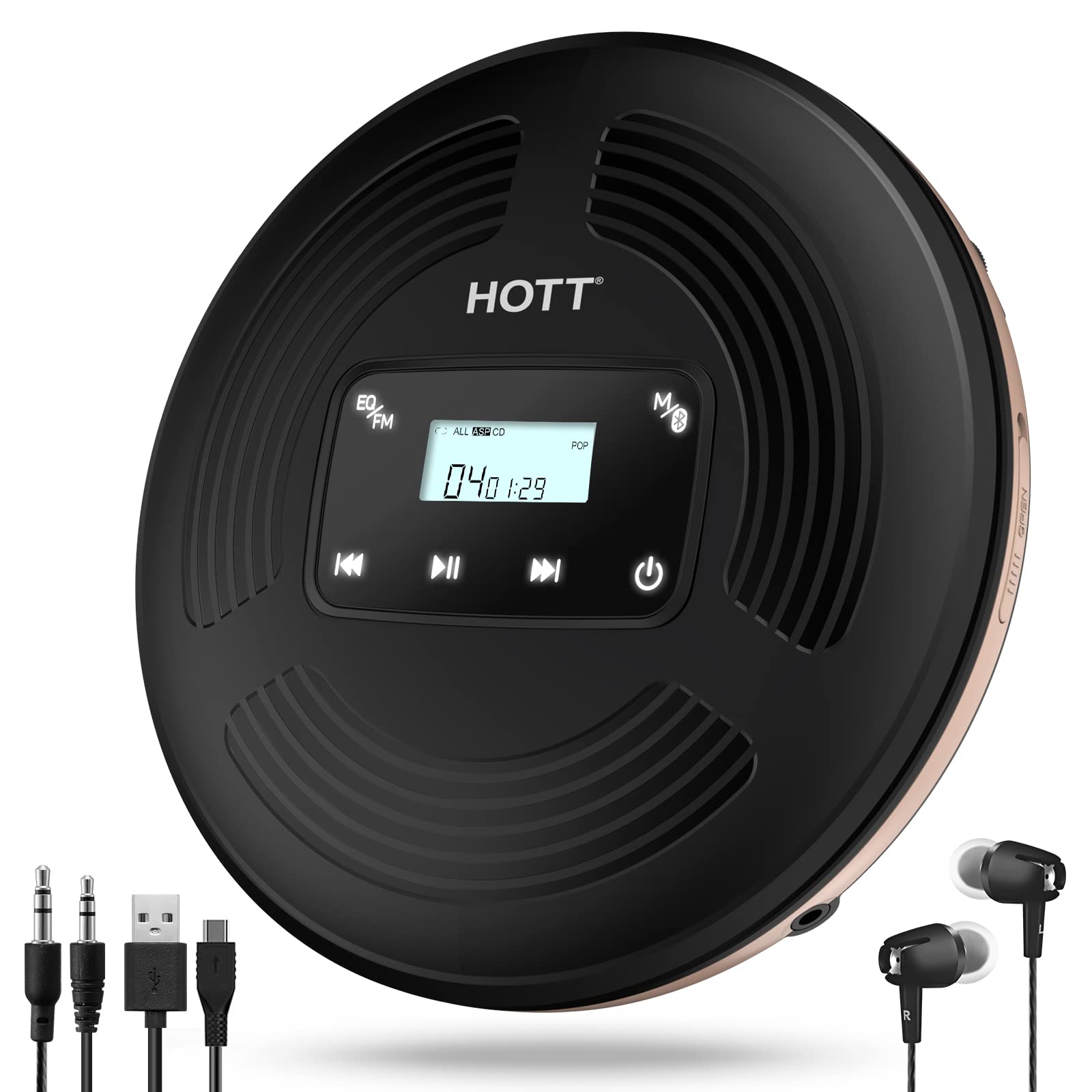 HOTT Portable CD Player with Bluetooth and FM Transmitter with Touch Buttons Backlight,Rechargeable Discman Player with AUX Cable,CD Player Shockproof for Car CD903TF