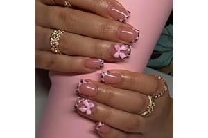 CTTHNBD Short Press Leopard French Tip False Nails with Pink Glossy Bow Design - Glue on Nails Full Cover Stick on Nails - 24Pcs