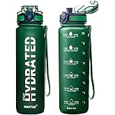 NAVTUE Water Bottle, 32oz Sports Water Bottles with Time Marker Wide Mouth, Motivational and Leakproof Drink Bottle, BPA Free Tritan with Carry Strap for Gym Fitness Outdoor (1 Bottle)