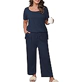 ZHUHOUSE Women’s Plus Size 2 Piece Pajamas Lounge Sets Summer Outfits Short Sleeve Tops Wide Leg Pants with Pockets