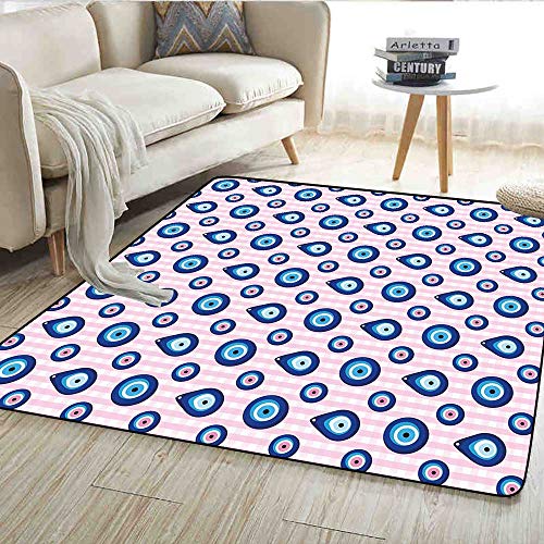 Floor Mat,Protective Turkish Bead Figures in Different Shapes Checkered Backdrop,Rugs for Bedroom,Pale Pink Blue White 36"x48"