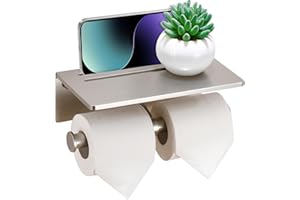 HOMELY TROVE Smarthome Toilet Paper Holder - Aluminium Double Roll Toilet Tissue Holder with Mobile Phone Shelf for Bathroom, 3M Self Adhesive No Drilling or Wall-Mounted, Rustproof Modern Style Brushed Nickel