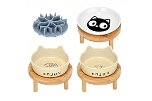 IKIKICUBEE 3PCS Elevated Cat Bowls,Wide Raised Ceramic Pet Dishes with Bamboo Stand, Whisker Friendly Pet Water or Food Plates Feeding Station for Indoor Small Dogs, Kitten (Yellow(3PCS))