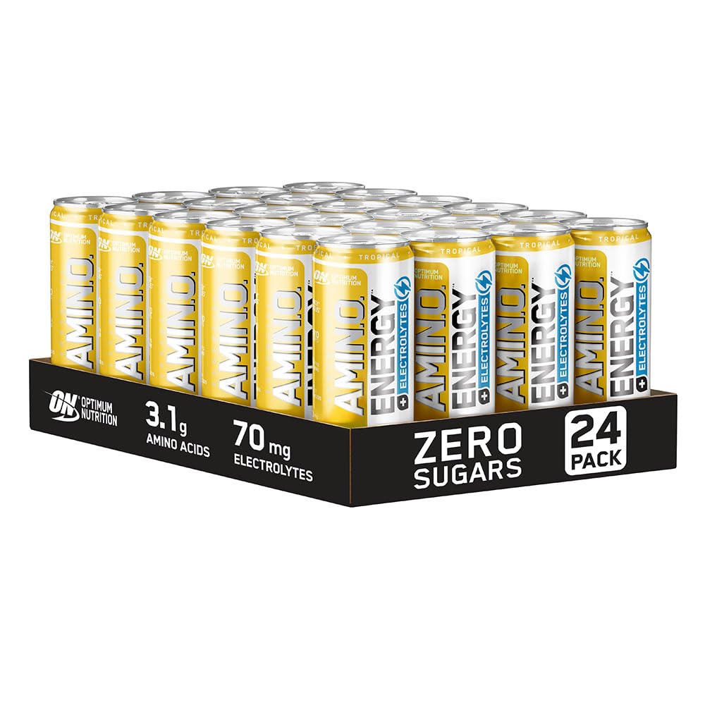 Optimum Nutrition Essential Amino Energy + Electrolytes, Ready to Drink Sugar Free EAA Energy Drink with Electrolytes and Caffeine, Workout Supplement for Men and Women, Tropical, 24x250 ml
