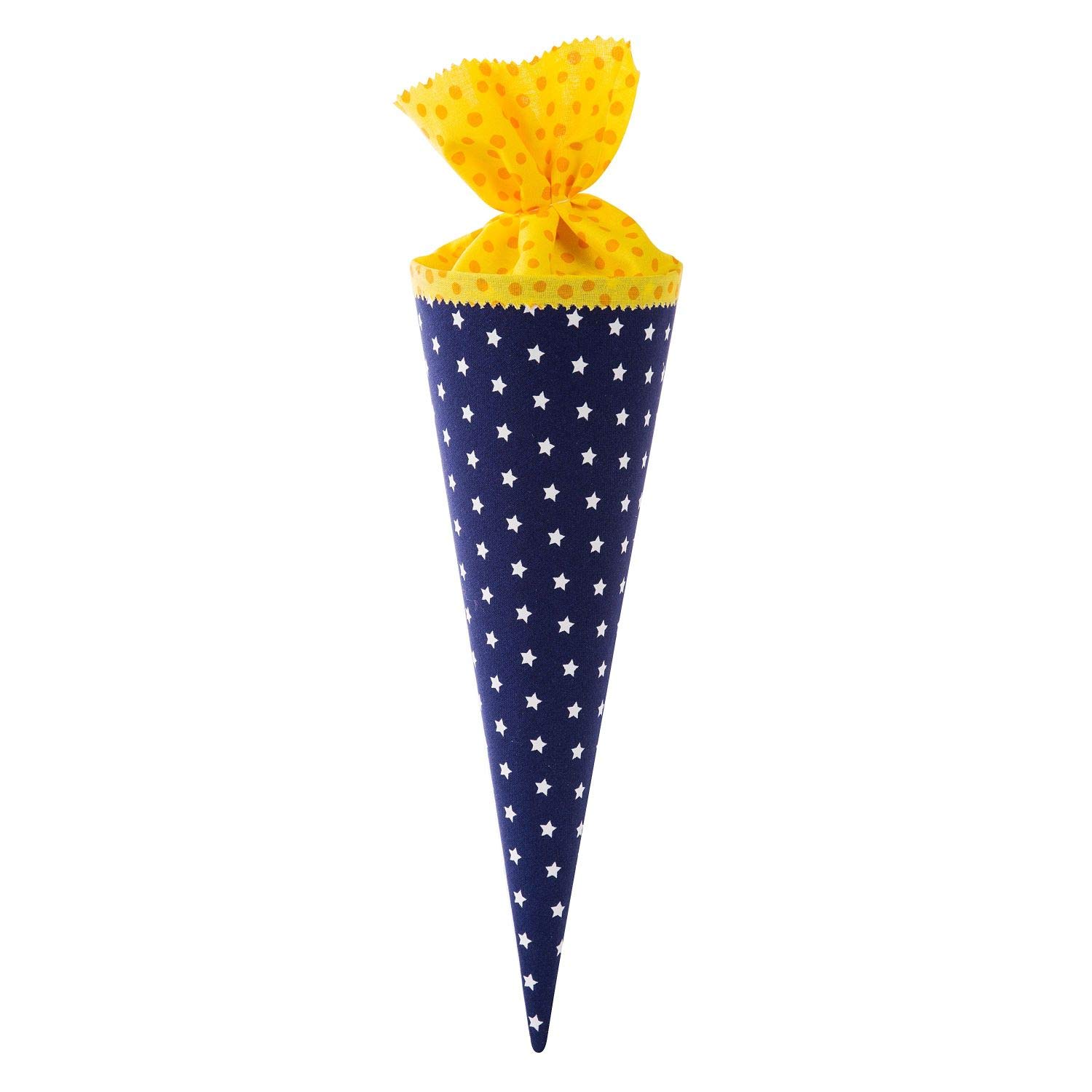 goldbuch 93552 Fabric School Cone Sugar Bag with Polka Dots and Star Pattern, Siblings School Cone 35 cm, Gift Bag for First Day of School and Back to School (Dark Blue/Yellow)