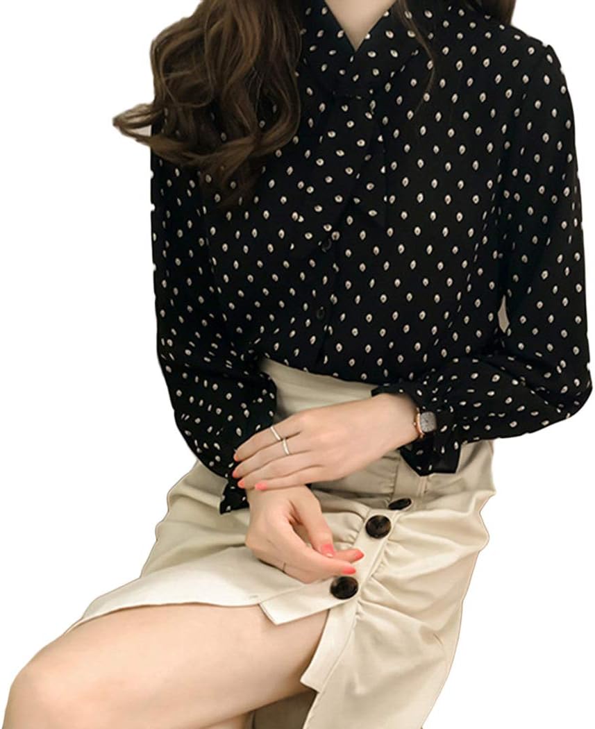 XWBO Women's Stripe Pot Printed Elegant Bow Tie Neck Long Sleeve Chiffon Blouse Top