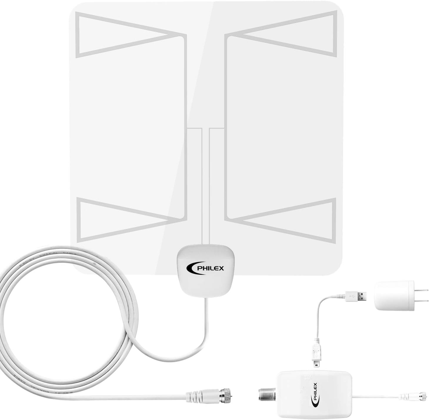 Philex Indoor HD Digital TV Antenna - 50 Miles Range with VHF/UHF/FM Signal Support 4K 1080P Detachable Amplifier Signal Booster and 10ft High-Performance Coaxial Cable Channel