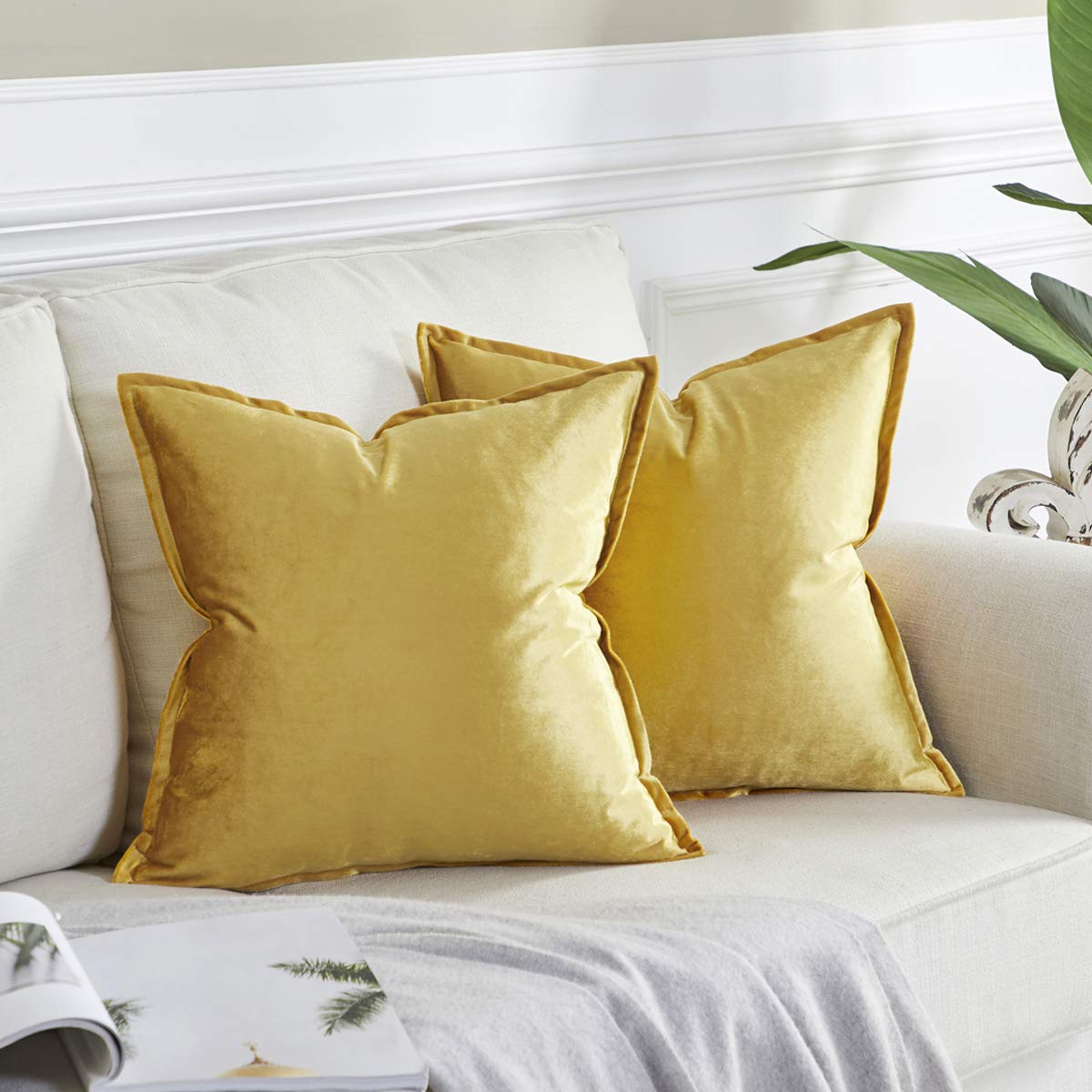 OMMATO Yellow Cushion Covers 50cm x 50cm Square Velvet Decorative Throw Pillow Covers for Couch Sofa Living Room 20x20 inch 2 Pack