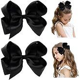 DEEKA 2 PCS 6" Big Hand-made Grosgrain Ribbon Solid Color Hair Bows Alligator Clips Hair Accessories for Little Teen Toddler Girls Kids Set of 2 -Black
