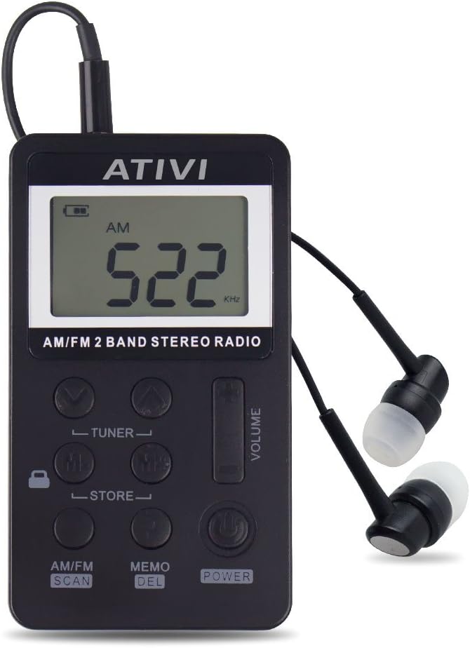 AM FM Pocket Radio,ATIVI Portable Mini Digital Tuning AM FM Stereo Radio with Rechargeable Battery LCD Display and Earphone for Walk,Black