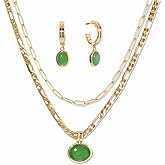 Moonffay Green Aventurine Stone Pendant Necklace for Women Dainty 18K Plated Gold Chain Choker Necklace,Layered Necklace,Jewelry Set Non Tarnish