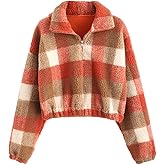 ZAFUL Women's Fashion Long Sleeve Lapel Half Zip Plain Faux Fur Sweatshirt Solid Color Crop Pullover Tops