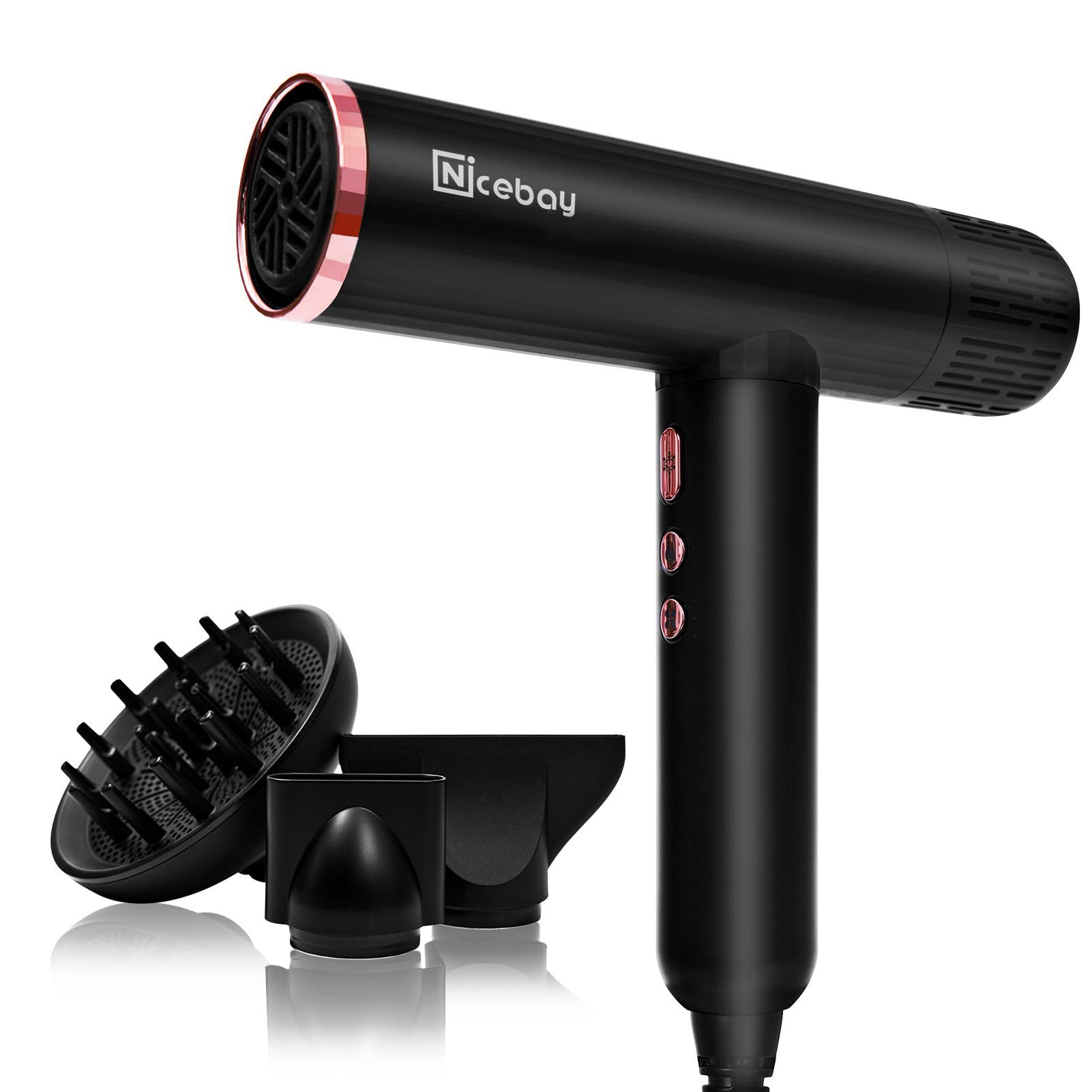 Photo 1 of Nicebay Ionic Hair Dryer with Diffuser, Professional Blow Dryer with 3 Attachments, 110000RPM High-Speed Brushless Motor for Fast Drying, Lightweight, Low Noise, 1600W