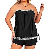 Tempt Me Plus Size Tankini Swimsuits for Women Bandeau Two Piece Bathing Suit Top with Shorts Blouson Swimwear