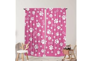 Yilinata Pink Paw Print Window Curtains for Girls Room Puppy Bones Curtain for Kids Living Room Bedroom Nursery Toddler Home Rod Pocket Drapes Decor Durable Fabric 84 in x 84 in