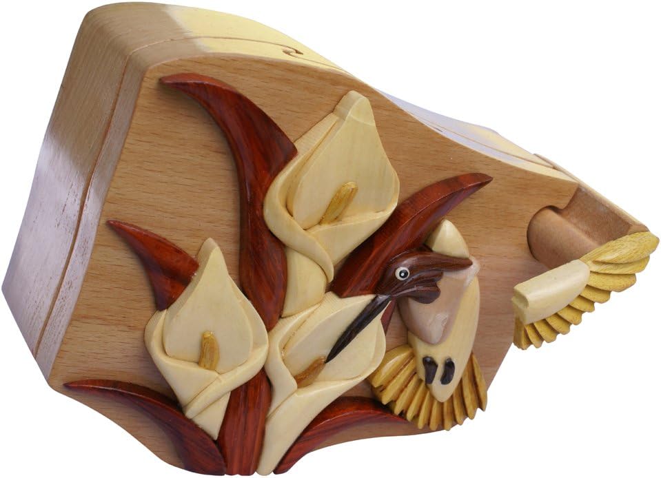 Madera Bonita! Hummingbird handmade Intarsia puzzle box crafted from hi-end Beachwood felt lined interior
