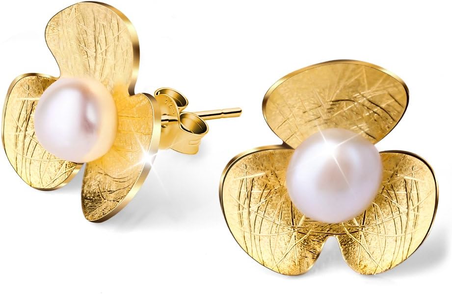 Lotus FunS925 Sterling Silver Stud Earrings Fresh Clover Flower Ear Stud with Freshwater Pearl for Women, Handmade Unique Jewelry Gifts