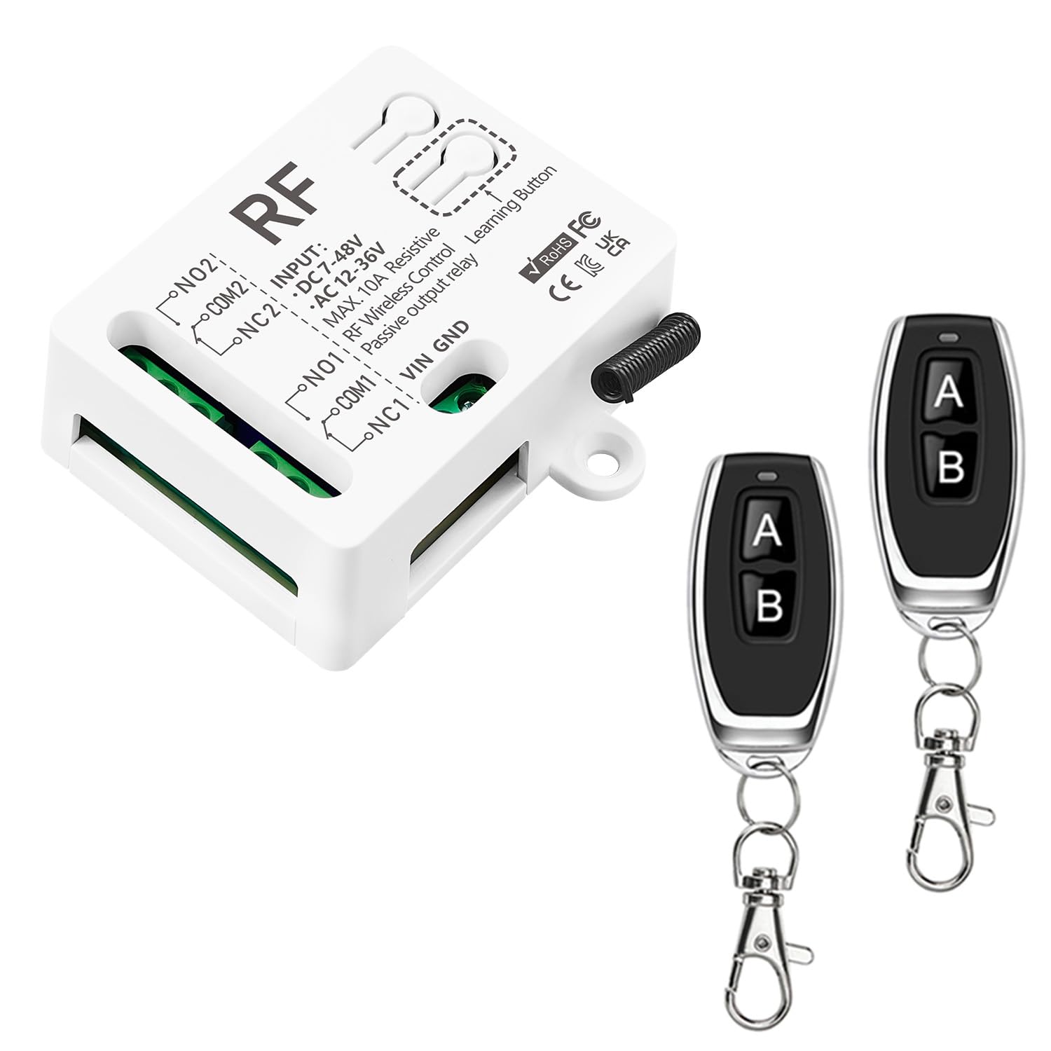 Tedeligo 433Mhz RF Wireless Remote Control Switch with 2 Transmitters DC 7V 12V 24V 36V 48V AC12V 24V 36V 10A 2Ch Relay Receiver for light, gate motor, garage door system