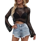 KEOMUD Women Mesh Crochet Crop Top Long Sleeve Hollow Out Knit Sweater Bikini Beach See Through Cover Ups