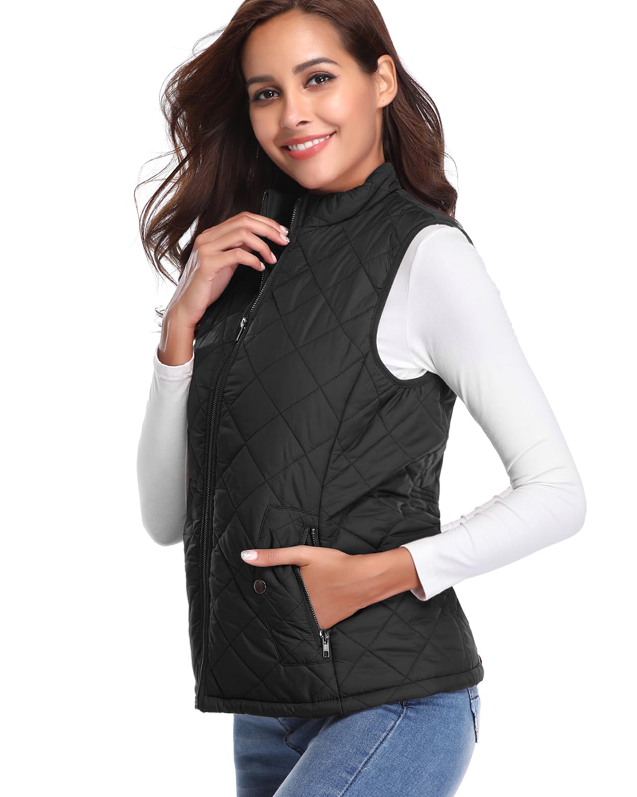 Fuinloth Women's Quilted Vest, Stand Collar Lightweight Zip Padded Gilet