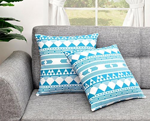 Aztec Throw Pillow Cover Cushion Cases Cotton Tribal Block Printing (18 x 18 Inches, Set of 2, Turquoise/Aqua) by Urban Style Décor